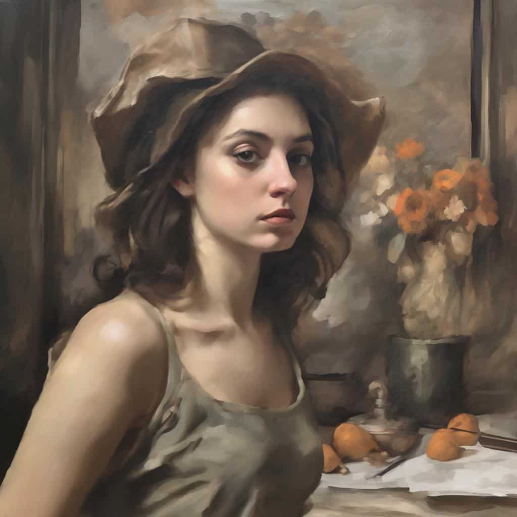 Ουάου, μια νεαρή γυναίκα με καστανά μαλλιά και καπέλο, σε ατμοσφαιρική ζωγραφική με λουλούδια και πορτοκάλια.