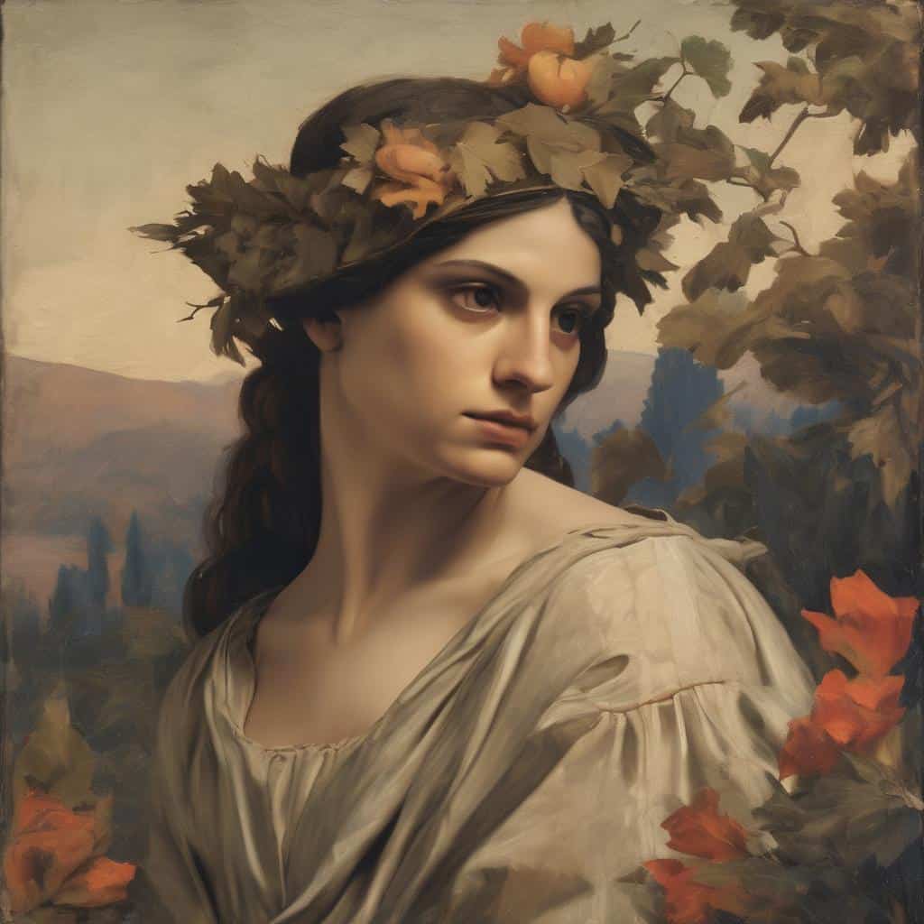 Ομορφη γυναικεία πορτραίτο με φύλλα και φρούτα σε ρεαλιστικό στυλ, αριστουργηματική ζωγραφική από αναγνωρισμένους δημιουργούς.