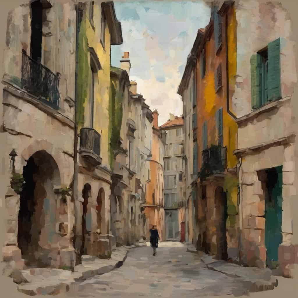 Παλιό στενό με πολύχρωμα κτίρια, χαρακτική ατμόσφαιρα, Ιταλική παλιά γειτονιά, πολιτισμός, τέχνη, καλλιτεχνική πορεία δημιουργών.